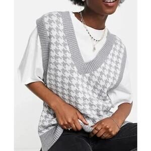 Abercrombie & Fitch Preppy Houndstooth V Neck Sweater Vest XS Gray Academia